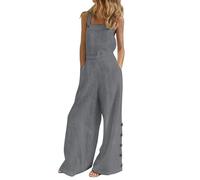 Ärmelloser Overall für Damen, lässig, Einfarbig, für den Sommer, Weite Latzhose, Knöpfe, Jumpsuit mit weitem Bein und Taschen Damen Sommer (Grey, M)