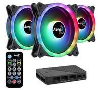 Aerocool Duo 12 Pro Pack - 3 x ARGB Fans 120mm, 1 x H66F RGB Fan Hub, Remote control, Double RGB LED Ring and 18 LEDs, Includes 6-pin connector, Curved Blades and Anti-Vibration Pads, 12v Fan, Black
