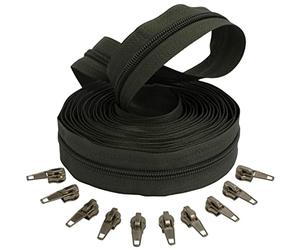 AERZETIX - C62690x5-C62926x10 - Kit de Fermeture éclair à glissière Spirale 5m N°5 Couleur: Vert Olive foncé + 10 curseurs Couleur Argent à verrou - en Nylon/métal - mercerie