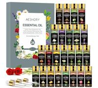 AESHORY Kit Huiles Essentielles 24 x 5ML, Huiles Essentielles Aromathérapie Naturelle pour Diffuseurs, pour SPA, Massage, Bain, Idéal Coffret Cadeau - Lavande, Rose, Camomille, Vanille, Citron