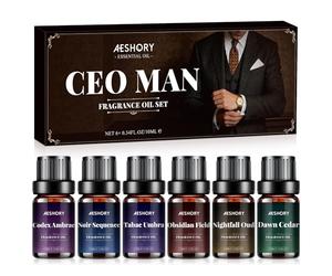 AESHORY Set Huiles Essentielles Président 6x10ML, Huile Essentielle pour Homme Aromathérapie pour Diffuseur, Cèdre de l'aube, Séquence Noire, Tabac Umbra, Oud du Crépuscule, Champ d'obsidienne