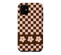 Aesthetic Checker Retro Groovy Flowers in Beige and Brown Coque pour iPhone 11
