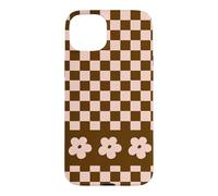 Aesthetic Checker Retro Groovy Flowers in Beige and Brown Coque pour iPhone 15 Plus