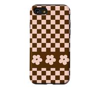 Aesthetic Checker Retro Groovy Flowers in Beige and Brown Coque pour iPhone SE (2020) / 7/8