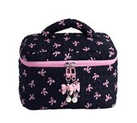 Aesthetic Cosmetic Pouch - Quilted Bow Design Bag, Multifunctional Makeup Organizer, Durable Toiletry Holder, Compact Travel Case With Easy Carry | Stylish Storage Accessory For Bathroom Vanity Travel