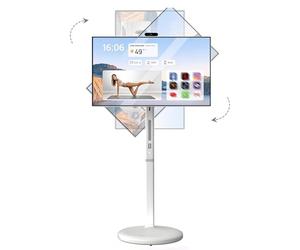 AETEREOS Écran Tactile Portable avec télécommande, Support Mobile | Moniteur Tactile sur Pied | Téléviseur sans Fil à roulettes | Batterie intégrée | Rotation complète | Blanc - 8+128 GB 27"