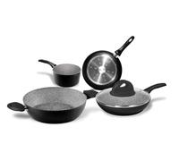 Aeternum Stone in Black, Battery Pots and Lids, Set of 5 Pieces, Non Stick Steel, 2 Pans, 1 Casserole, 1 Pan, 1 Lid, Suitable for Induction, Stone Line in Black, Black