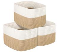 Aevcvok 3 Panier Rangement, Corbeille en Coton Tressé, Petits Paniers à Linge, Grand Paniers de Rangement avec Anses Invisible pour Salon, Panier à Jouets pour Chambre d'enfant,36x25x22cm,Jute & Blanc