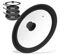 Aevcvok Couvercle Universel, Noir 3 Tailles Couvercle Poele en Verre, Ø 24/26/28 cm en Silicone Résistant à Chaleur et Trou Vapeur, pour Casseroles et Poêles