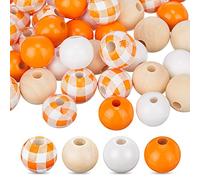 AEVQWEZNC 1000 Pieces 12 mm Fall Thanksgiving Wooden Beads Plaid Wood Beads Round Wooden Craft Beads for DIY Craft Christmas Halloween Jewelry Making(White)
