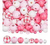 AEVQWEZNC 1000 Pieces Valentine's Day Plaid Wood Beads 8 Sizes Craft Round Natural Farmhouse Beads Polished Colorful Wooden Beads for Halloween Thanksgiving Christmas Home Party Decor DIY Craft