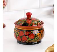 AEVVV Sucrier Khokhloma peint à la main - Récipient en bois traditionnel russe - Art populaire russe - Rangement décoratif - Motif floral - Multicolore