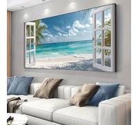 AEXOIO Affiche surdimensionnée de plage tropicale avec vue sur les palmiers et la mer par la fenêtre, pour une décoration murale côtière moderne (100x200cm/39x79in/sans cadre)