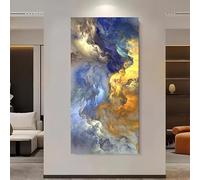 AEXOIO Grande toile abstraite moderne à l'encre bleue et jaune - Œuvre d'art pour chambre, salon (40 x 90 cm / 16 x 35 pouces/sans cadre)