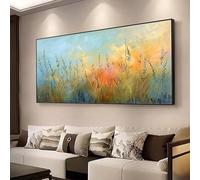 AEXOIO Grande toile abstraite moderne représentant une prairie à l'aquarelle - Décoration murale sans cadre, dégradé de bleu vibrant à rose pour le salon 95x193cm/37x76in