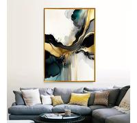 AEXOIO Tableau abstrait à l'huile - Décoration murale texturée bleu profond et or, idéale pour le salon, la chambre, la salle à manger ou un café 80x145cm/31x57in