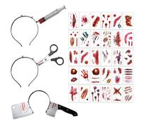 AEYAKA Bandeau D'Horreur Halloween Serre Tête avec Ciseaux, Seringue, Couteau dans la Tête Ensanglantée & 30 Tatouages Zombie Déguisement Effrayant pour Femmes et Hommes, Carnaval, Cosplay, Mascarade