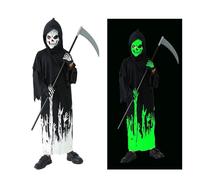 AEYAKA Costume Enfant Grim Reaper Fluorescent, Capuche Noire avec Masque Crâne, Gants, Faux pour Garçons Filles, Tenue Fantôme Effrayante Cosplay Halloween Cadeaux M