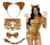 AEYAKA Déguisement D'animaux Ensemble Collier et Queue Tatouage Temporaire Visage pour Enfants Adultes Carnaval Cosplay Costume (Tigre)