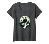 AF hanté : Manoir Effrayant Halloween Horror Night T-Shirt avec Col en V, Femme, Chiné Foncé, L