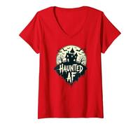 AF hanté : Manoir Effrayant Halloween Horror Night T-Shirt avec Col en V, Femme, Rouge, L