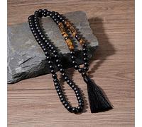 AFANGMQ 108 Perles de prière Colliers Naturels Jaune Tiger Eye Noir Onyx Pierre Colliers Yoga Bijoux Bilan Cadeaux de guérison mentale