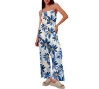 AFANYUH Combinaison Femme Chic Pour Soirée Avec Imprimé Floral Élégant Et Coupe Ample Confortable Bleu XL Sexy Une Pièce Jumpsuit Débardeur D'été Élégant Décontracté Slim Pantalon