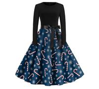 AFANYUH Robe De Soiree Femme Chic Et Elegant Noel Hiver Cocktail Party Robes Sexy Club Style Imprimé Flocon Neige Manches Longues Mi-Longue Grande Taille Haute Dress Taille Cintrée Marine L