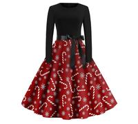 AFANYUH Robe De Soiree Femme Chic Et Elegant Noel Hiver Cocktail Party Robes Sexy Club Style Imprimé Flocon Neige Manches Longues Mi-Longue Grande Taille Haute Dress Taille Cintrée Vermillon M