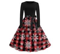 AFANYUH Robe De Soiree Femme Chic Et Elegant Noel Hiver Cocktail Party Robes Sexy Club Style Imprimé Flocon Neige Manches Longues Mi-Longue Grande Taille Haute Dress Taille Cintrée Rouge Foncé 3XL