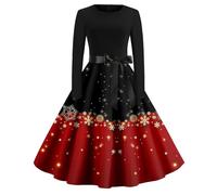 AFANYUH Robe De Soiree Femme Chic Et Elegant Noel Hiver Cocktail Party Robes Sexy Club Style Imprimé Flocon Neige Manches Longues Mi-Longue Grande Taille Haute Dress Taille Cintrée Vin Rouge S