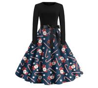 AFANYUH Robe De Soiree Femme Chic Et Elegant Noel Hiver Cocktail Party Robes Sexy Club Style Imprimé Flocon Neige Manches Longues Mi-Longue Grande Taille Haute Dress Taille Cintrée Bleu Foncé 2XL