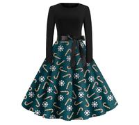 AFANYUH Robe De Soiree Femme Chic Et Elegant Noel Hiver Cocktail Party Robes Sexy Club Style Imprimé Flocon Neige Manches Longues Mi-Longue Grande Taille Haute Dress Taille Cintrée Vert Foncé XL