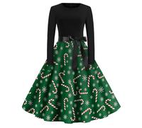 AFANYUH Robe De Soiree Femme Chic Et Elegant Noel Hiver Cocktail Party Robes Sexy Club Style Imprimé Flocon Neige Manches Longues Mi-Longue Grande Taille Haute Dress Taille Cintrée Armée 4XL