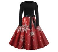 AFANYUH Robe De Soiree Femme Chic Et Elegant Noel Hiver Cocktail Party Robes Sexy Club Style Imprimé Flocon Neige Manches Longues Mi-Longue Grande Taille Haute Dress Taille Cintrée Rouge 3XL
