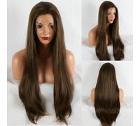 AFBeauty Perruque brune avec dentelle frontale pour femme - Longue et raide - Synthétique marron naturel - Sans colle - Fibre résistante à la chaleur - 61 cm