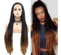 AFBeauty Perruque longue tressée sans nœud avec dentelle frontale pour femme - Cheveux synthétiques longs marron noir ombré - Fait à la main - Résistante à la chaleur - Sans colle - Cheveux