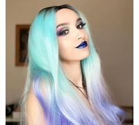 AFBeauty Perruque synthétique longue ondulée colorée ombrée bleu vert violet avec racines foncées mélangées colorées avec dentelle frontale résistante à la chaleur douce sans colle pour femme cosplay