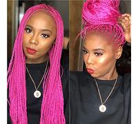 AFBeauty Perruque synthétique tressée avec dentelle frontale - 66 cm - Rose rouge - Micro tressé - Pour femme - Pour fête - Drag Queen