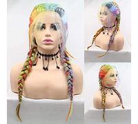 AFBeauty Perruque tressée arc-en-ciel sans colle faite à la main avec dentelle frontale, perruque synthétique colorée, double tresse, résistante à la chaleur, perruque de cheveux tressés pour femme