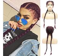 AFBeauty Perruque tressée entièrement faite à la main avec dentelle frontale - Rouge - Perruque synthétique tressée réaliste 99J sans colle - Résistante à la chaleur - Avec cheveux de bébé - Pour