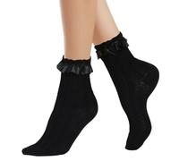 AFCJLTO 1 paires de chaussettes à volants en dentelle noir avec volants en coton doux pour femme, Chaussettes à volants pour femme, Élégantes et mignonnes, Chaussettes de princesse en dentelle, noir