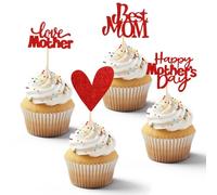 AFCJLTO Lot de 12 décorations de gâteau Happy Mother's Day,Cœur à paillettes, Love You Mom Cake Toppers,Décoration de gâteau,Cadeau d'anniversaire, rouge