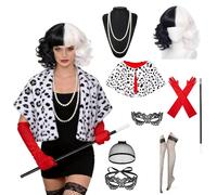 Afenau Cruella Deguisement Femme, 8 Pièces Déguisement Cruella, Costume Cruella Femme Adulte avec Accessoires Divers, Déguisement Cruella FEMME pour Fêtes à Thème, Carnavals, Festivals