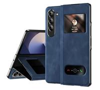 AFENGBOX Coque Samsung Galaxy Z Fold 6 5G, Étui Cuir Ultra Fin avec Fenêtre Intelligente et Protection des Charnières et Support, Antichoc Anti-Rayures, Bleu