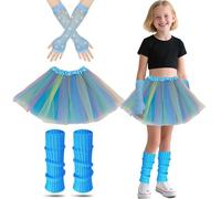 AffeGifts Déguisement Année 80 Fille, Deguisement Disco Enfant Filles Néon Jambes Chauffers Filets Gants et Robe Fantaisie Tutu Pour Les Années 1980 Fête à Thème Discothèque Fête Costume (Bleu)