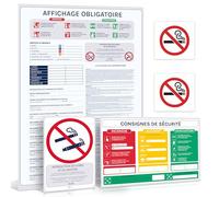 Affichage Obligatoire entreprise 2025/2026 - Kit Complet Conforme : Affiche A3 Réinscriptible, Consignes de Sécurité & Incendie A4, Interdiction de Fumer A5 + 2 Stickers ronds + Feutre & Adhésifs