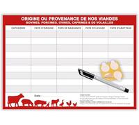 Affichage origine viandes bovines, porcines, ovines, caprines et volailles - Affichage obligatoire restaurant 2025 - A4 plastifié effaçable + feutre + pastilles adhésives (OouPVrouge)