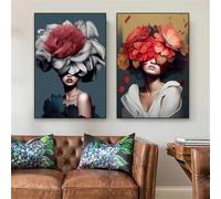 Affiche abstraite Fleur Femme Art mural Toile Peinture Tête de fleur Portrait de dame Impressions Décoration de chambre à coucher à domicile 50x70cmx2 Sans cadre