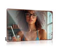 Affiche amusante en métal avec inscription « Curly Hair Beauty Enjoying A Refreshing Drink By The Window » - Panneau de porte de dortoir - Panneau de camping amusant (20 x 30 cm)